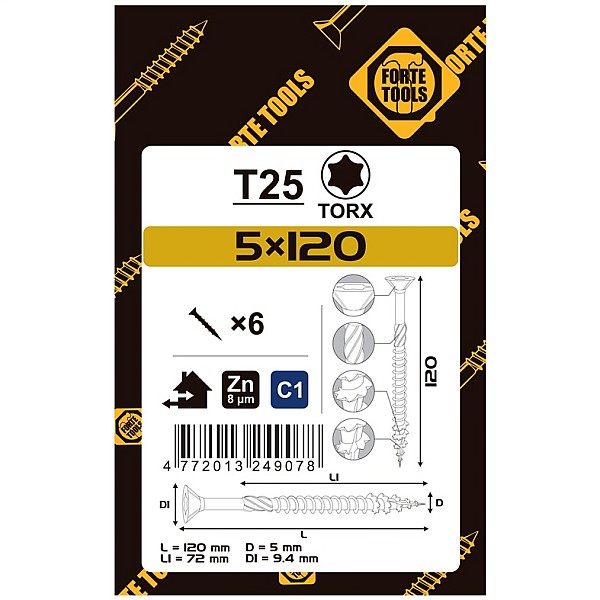 Medsraigčiai FORTE TOOLS. 5×120/72 mm. ZN. TX25. 6 vnt.