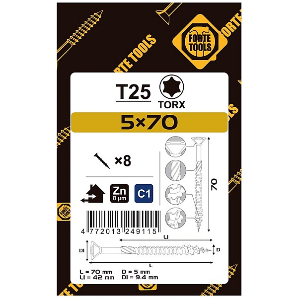 CHIPBOARD SCR T25 5.0X70/42 WHITE ZN8PCS