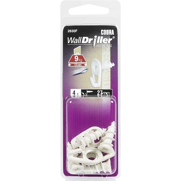 HOOK DRYWAL SCREW 10.5X27 WHITE 4 PCS