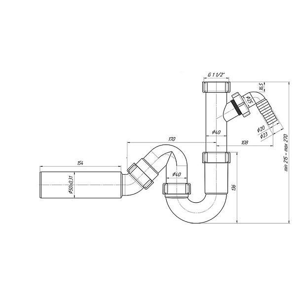 WASHBASIN SIPHON 11/2X40 WITH BRANCH D50