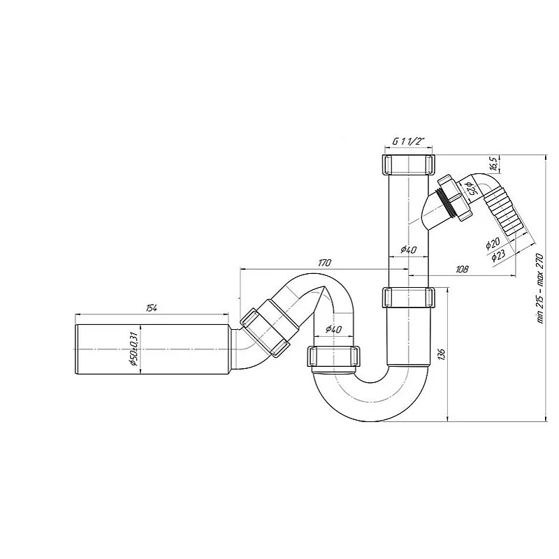 Plautuvės sifonas 11/2x40 su atšaka. ø50