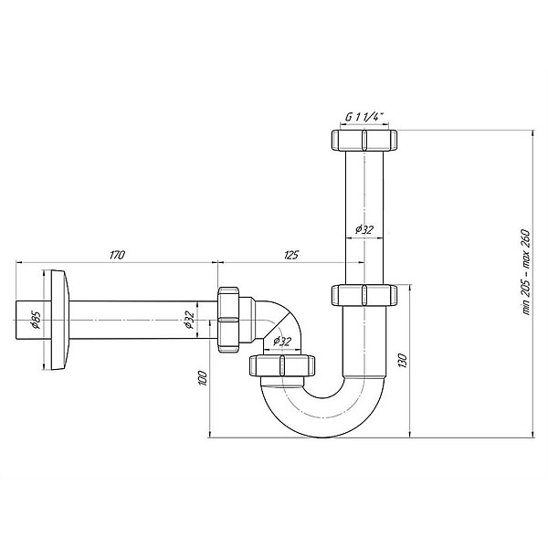 Praustuvo sifonas 11/4x32 u-formos