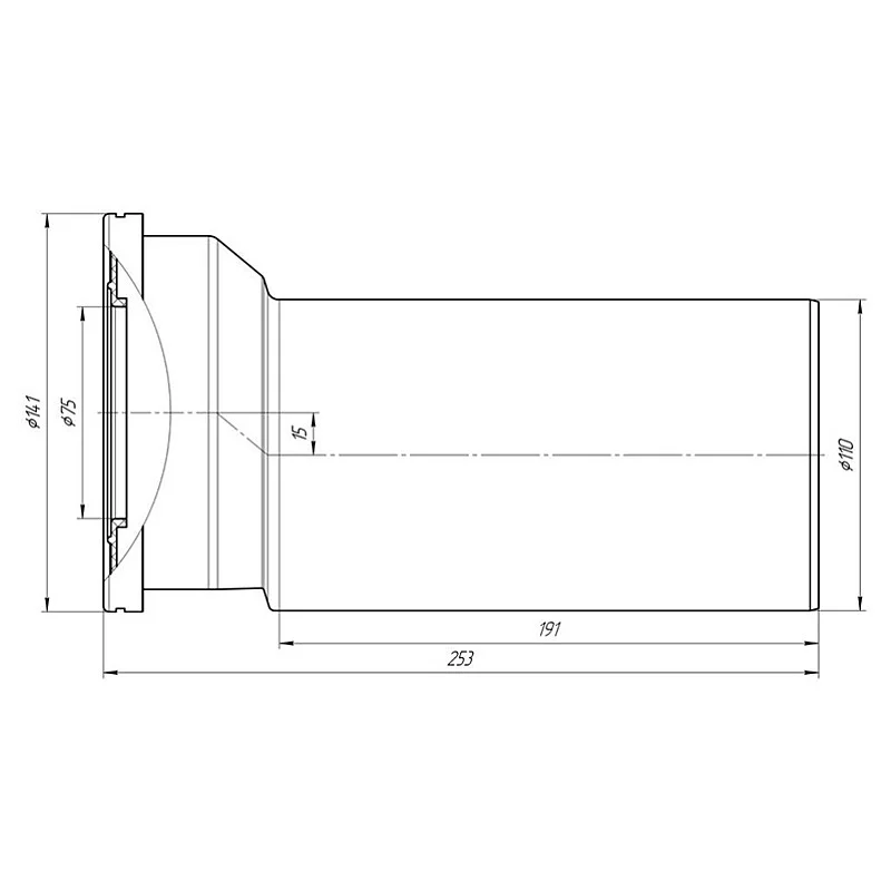 Tiesi unitazo jungtis . 110 mm. su 15 mm nuokrypiu
