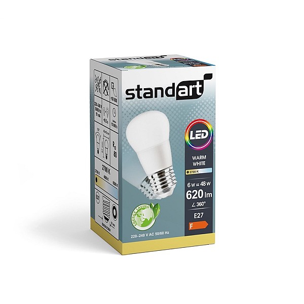 LED lemputė STANDART. P45. E27. 6 W. 620 lm. 2700 K