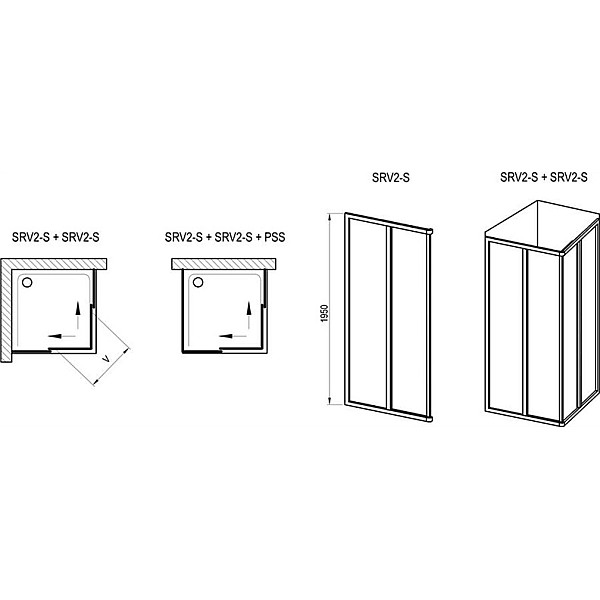 SHOWER WALL SRV2-90 S BLACK+GLASS TRANS