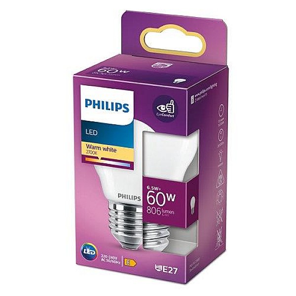 LED lemputė PHILIPS. P45. E27. 6.5 W. 806 lm. 2700 K