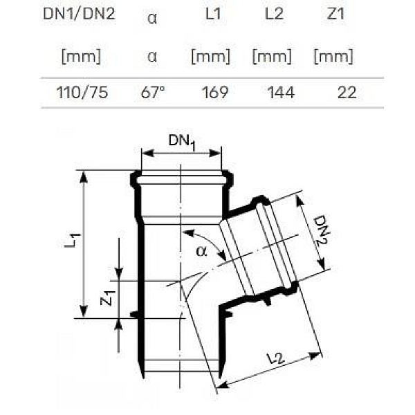 Kanalizācijas caurules trejgabals Magnaplast D110/75mm. 67°