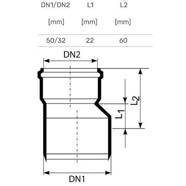 Pāreja iekšēja īss D32-50PP (Magnaplast) balta