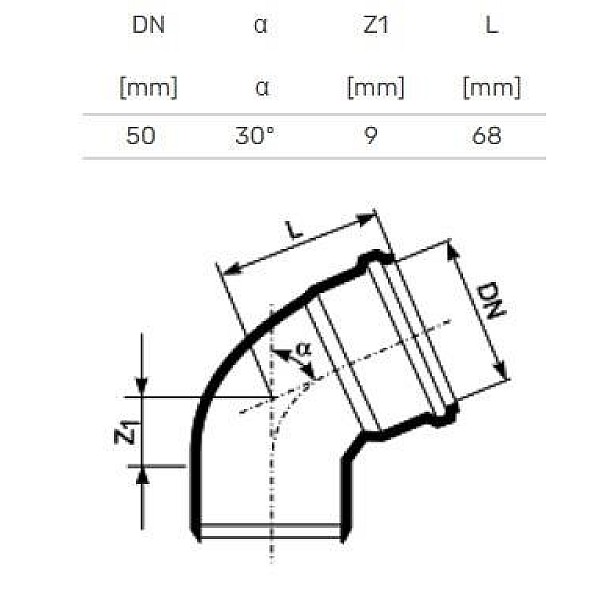 Līkums iekšējais D50x30° balts PP (Magnaplast)