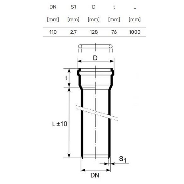 Caurule iekšēja Magnaplast. Ø 110 mm. 1 m