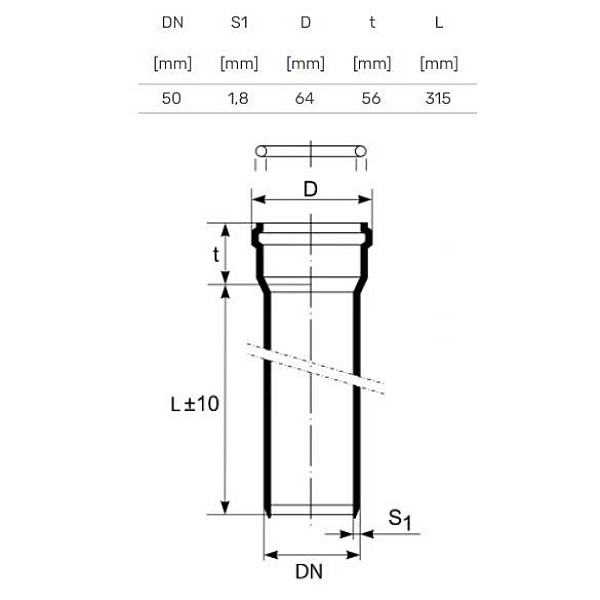 PIPE INTERNAL D50 0.315M PP