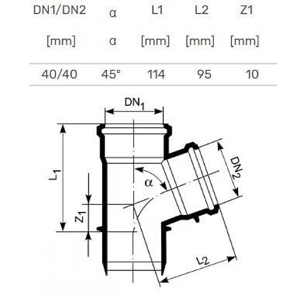 Kanalizācijas caurules trejgabals Magnaplast D40mm. 45°. PP