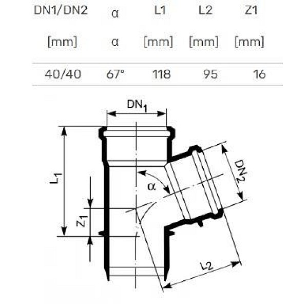 Kanalizācijas caurules trejgabals Magnaplast D40/40 mm. 67°