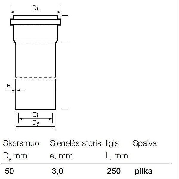 Vidaus kanalizacijos PVC vamzdis Wavin. Ø 50 mm. 0.25 m