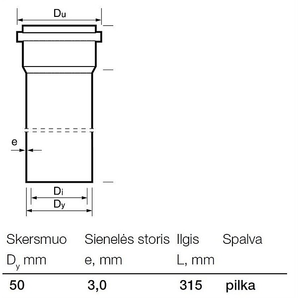 Vidaus kanalizacijos PVC vamzdis Wavin. Ø 50 mm. 0.315 m