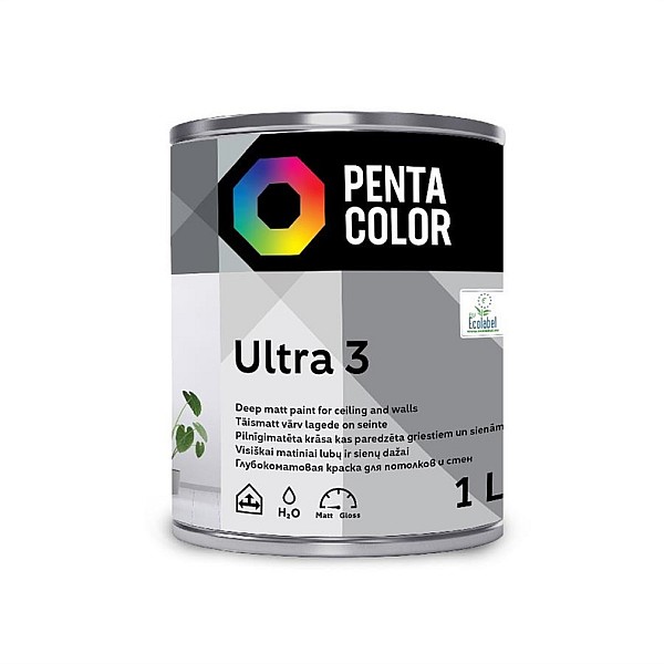 Dispersijas krāsa Pentacolor Ultra 3. balta. 1 l