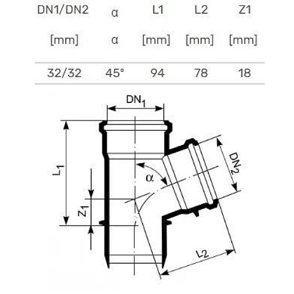 Trejgabals PP Magnaplast. Ø32mm/Ø32mm 45°