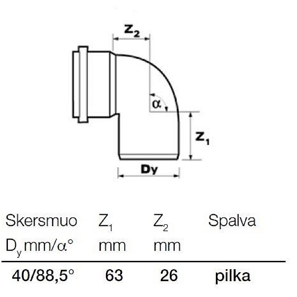 Vidaus kanalizacijos alkūnė Wavin. Ø 40 mm. 88.5°