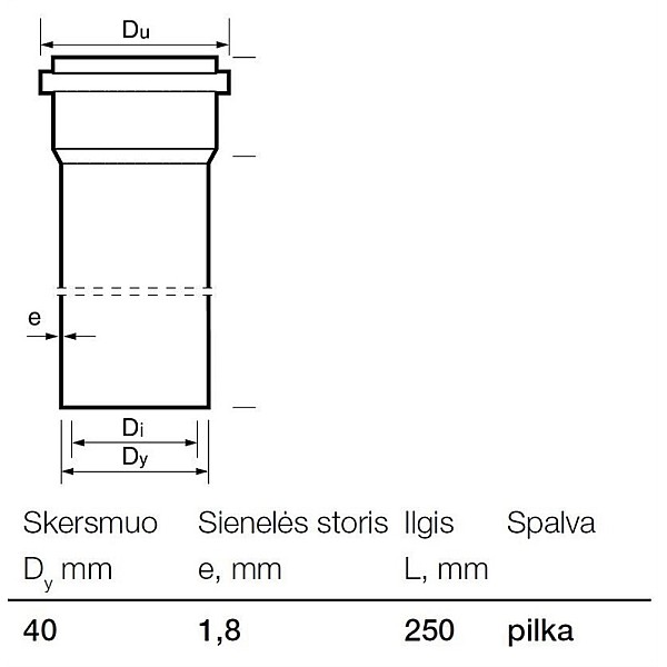 Kanalizācijas caurule ar uzmavu Wavin D40x250mm. PP