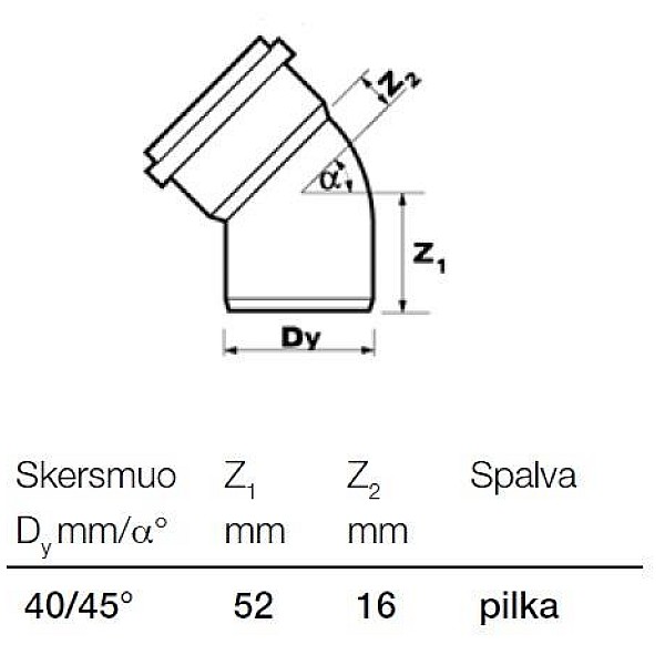 Vidaus kanalizacijos alkūnė Wavin. Ø 40 mm. 45°