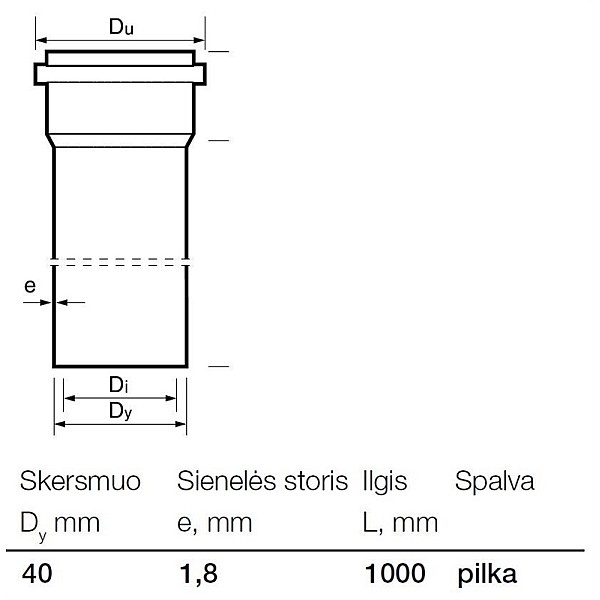 Vidaus kanalizacijos PP vamzdis Wavin. Ø 40 mm. 1 m