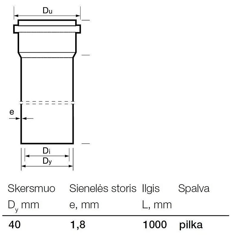 Vidaus kanalizacijos PP vamzdis Wavin. Ø 40 mm. 1 m Vidaus kanalizacijos PP vamzdis Wavin. Ø 40 mm. 1 m