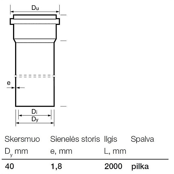 Kanalizācijas caurule ar uzmavu Wavin D40x2000mm. PP