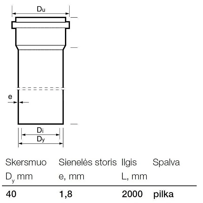 Kanalizācijas caurule ar uzmavu Wavin D40x2000mm. PP