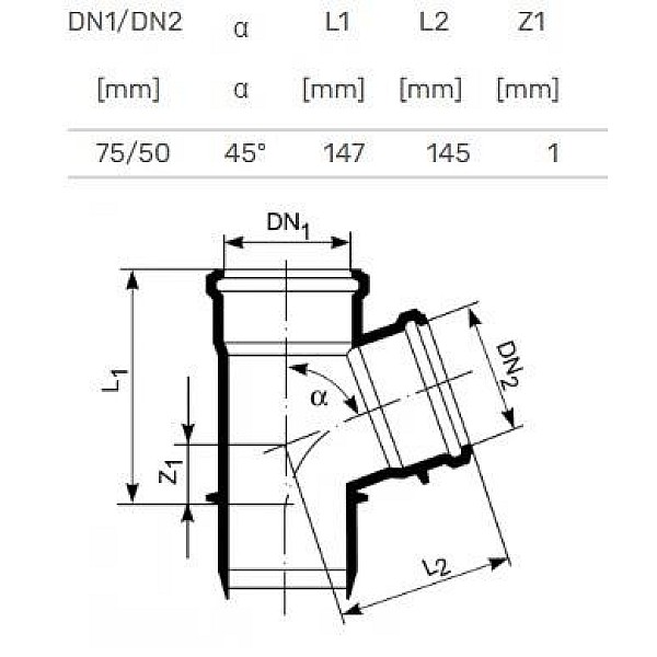 TEE INTERNAL D75/50X45 PP