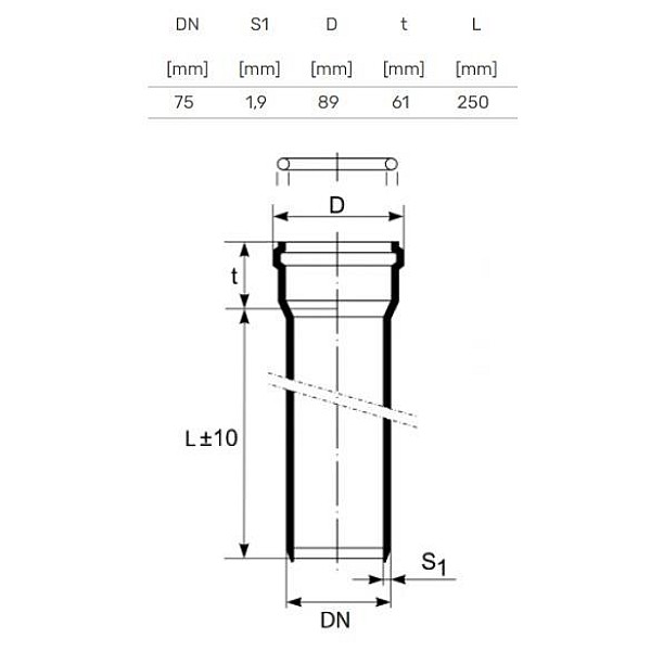 PIPE INTERNAL D75 0.25M PP