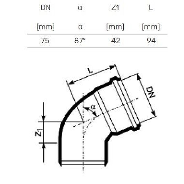 Līkums iekšējais D75x87° PP (Magnaplast)