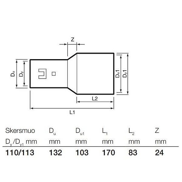 Jungtis su drenažiniu vamzdžiu Wavin. Ø 110/113 mm