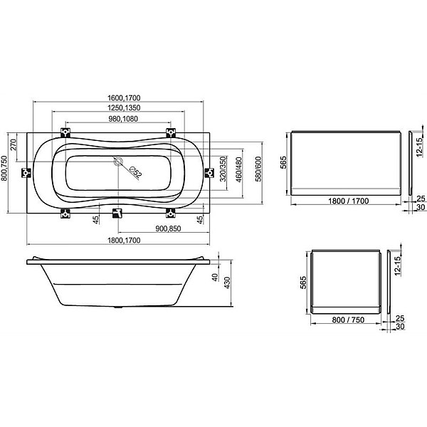 SIDE PANEL A/U 75 FOR DOMINO BATHTUB