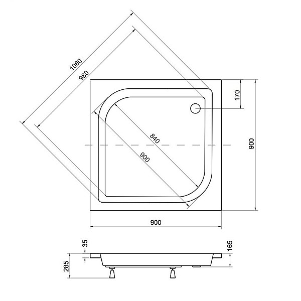 Dušo padėklas PIRAMIDA ARES BAA-90-KW. 90×90×16.5 cm