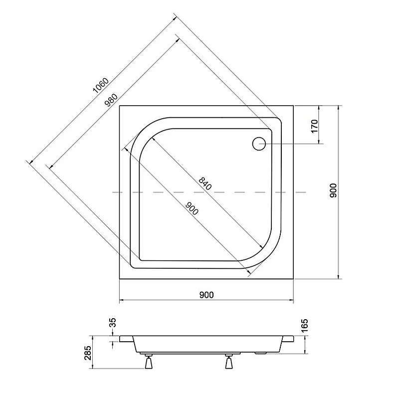Dušo padėklas PIRAMIDA ARES BAA-90-KW. 90×90×16.5 cm