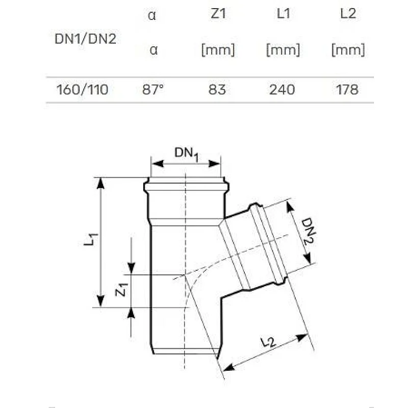 Lauko kanalizacijos trišakis Magnaplast. Ø 110 / 160 mm. 87° Lauko kanalizacijos trišakis Magnaplast. Ø 110 / 160 mm. 87°