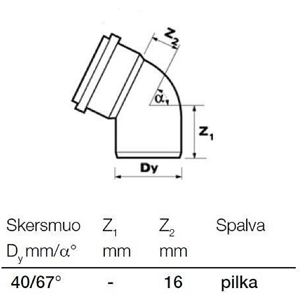 Vidaus kanalizacijos alkūnė. Wavin Ø 40 mm. 67°