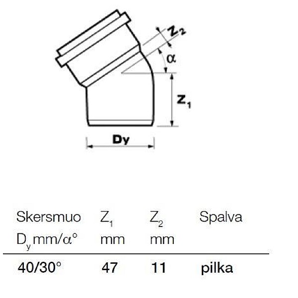 Vidaus kanalizacijos alkūnė. Wavin Ø 40 mm. 30°