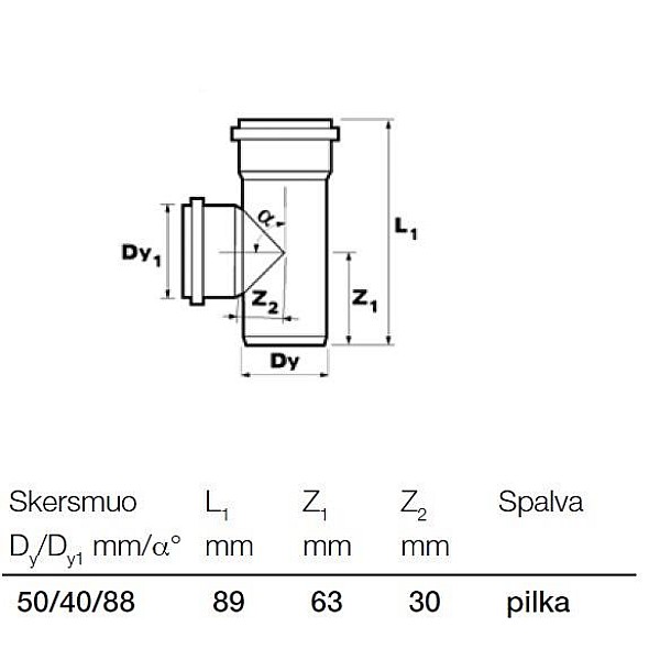 Trejgabals iekšējais D40/50x88 PP (Wavin)