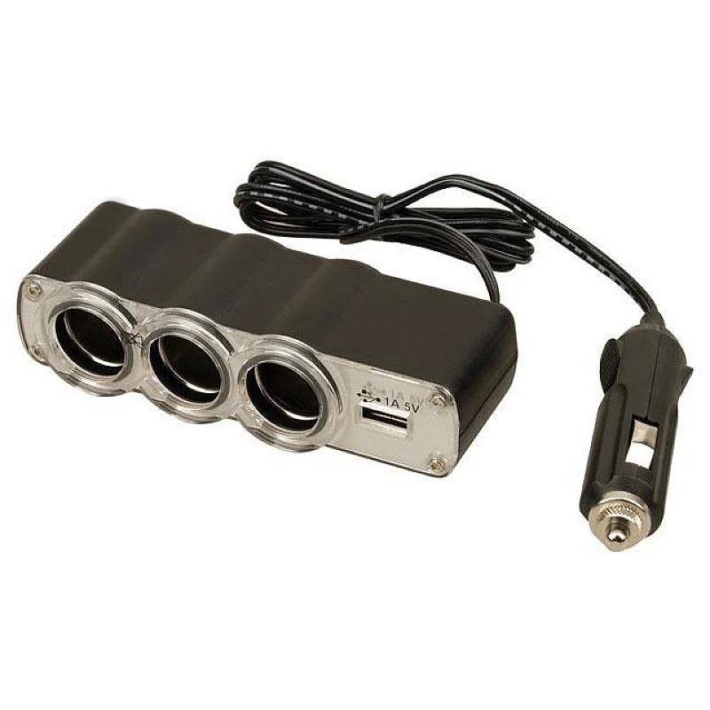 Strāvas ligzdas sadalītājs uz3 ligzdām 12V+USB
