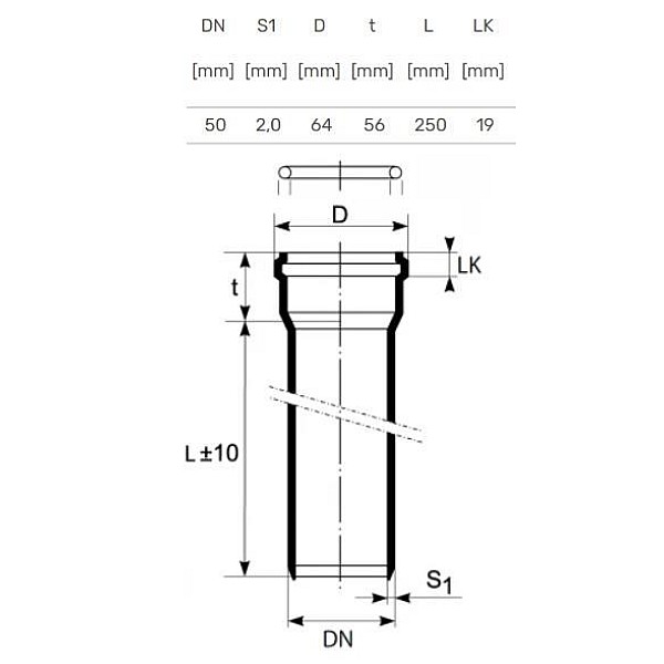 PIPE INTERNAL D50 0.25M 2.0MM PP ULTRA