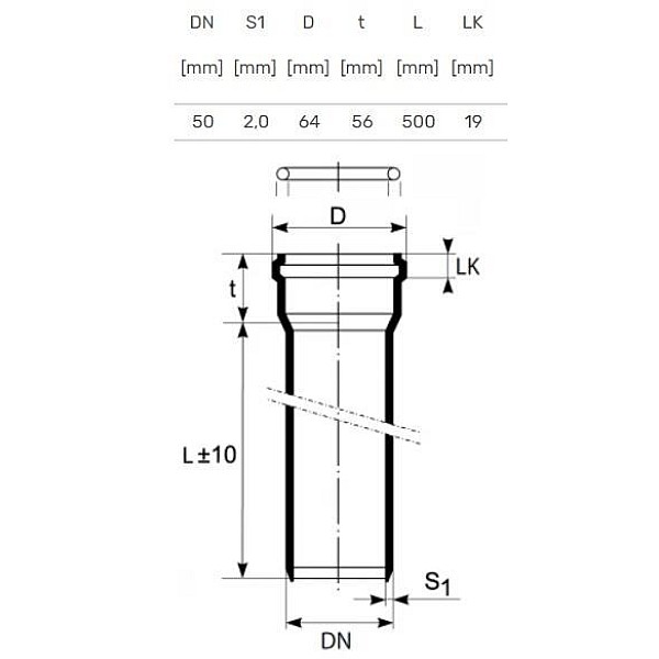 PIPE INTERNAL D50 0.5M 2.0MM PP ULTRA