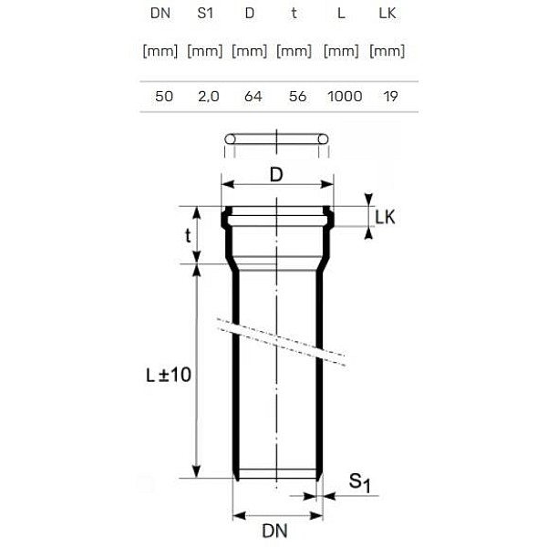 PIPE INTERNAL D50 1.0M 2.0MM PP ULTRA