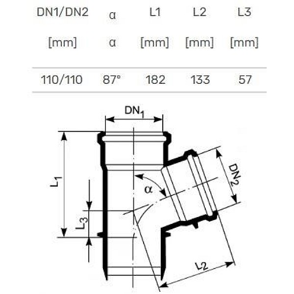 Vidaus kanalizacijos trišakis Ultra dB. Ø 110 / 110 mm. 87°