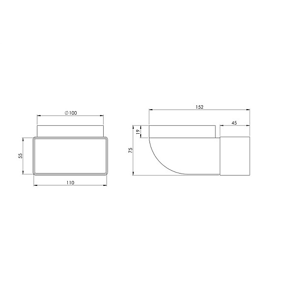 Ventiliacijos alkūnė EUROPLAST KLD 110 x 55mm D100 90°