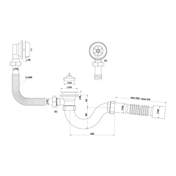 Vonios sifonas Aniplast C6155EU. 1½ x 40/50 mm