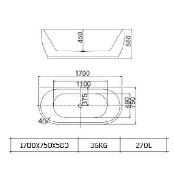 ACRYLIC BATHTUB3807 1700X750X580 WHITE