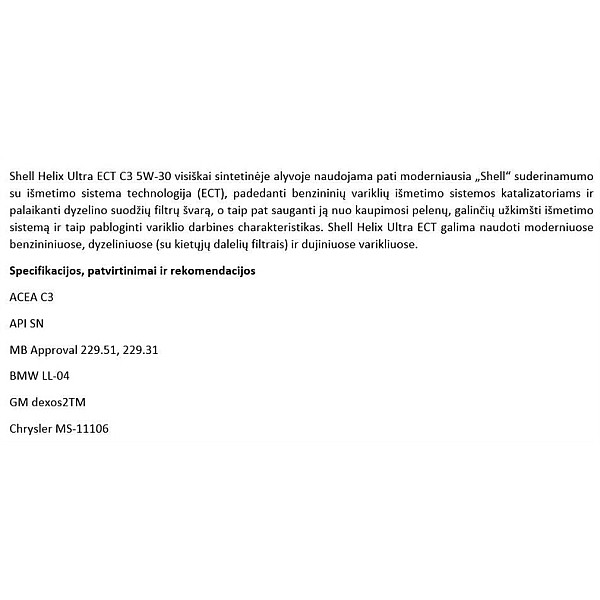 MOTOREĻĻA SHELL HEL Ultra ECTC3 5W-30 1L