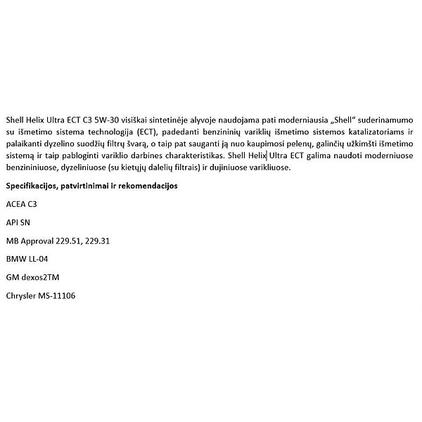 MOTOREĻĻA SHELL HEL ULTRA ECT C3 5W30 5L