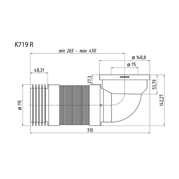 Unitazo mova Ani Plast K719R. 90°. Ø 115/141 mm